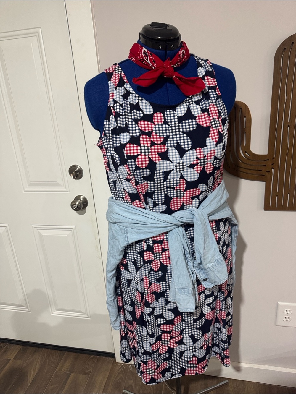 Perceptions Navy and Pink Floral Gingham Dress